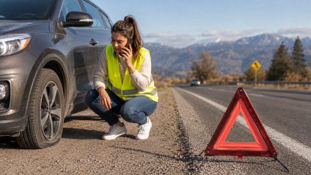 Auto con neumático pinchado detenido de forma segura en una carretera de Chile